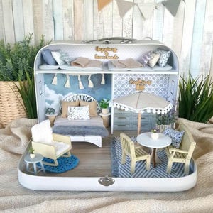 Large Dollhouse in a Suitcase, Blueberry Haven, Miniature furniture in 1:12 scale, Maileg mouse house