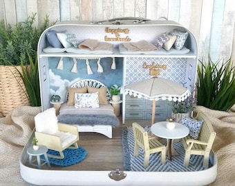 Large Dollhouse in a Suitcase, Blueberry Haven, Miniature furniture in 1:12 scale, Maileg mouse house