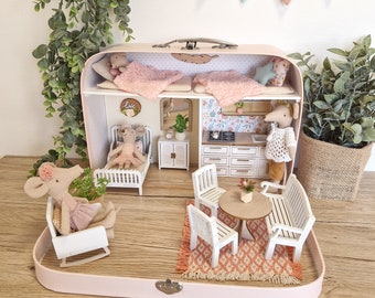 Large Dollhouse in a Suitcase, Miniature furniture in 1:12 scale, Maileg mouse house