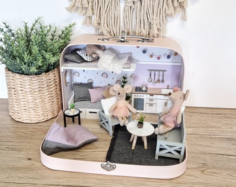 Medium Dollhouse in a Suitcase, Miniature furniture in 1:12 scale, Maileg mouse house