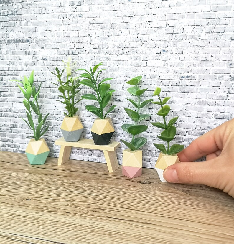 May include: Five miniature potted plants with geometric planters in various colours, including grey, black, pink, and white. The plants are arranged on a small wooden shelf against a white brick wall background.