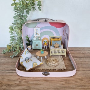Small dollhouse in a Suitcase, Miniature furniture in 1:12 scale, Maileg mouse houses