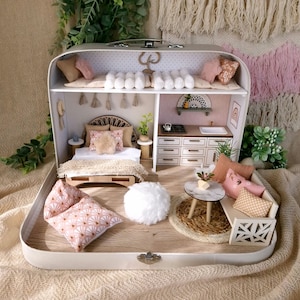 Large Dollhouse in a Suitcase, Handmade Suitcase, Maileg Mouse House 1:12, Miniature Travel Dollhouse