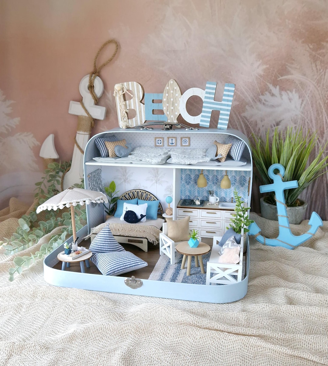 Coastal Large Dollhouse in a Suitcase, Miniature Furniture in 1:12