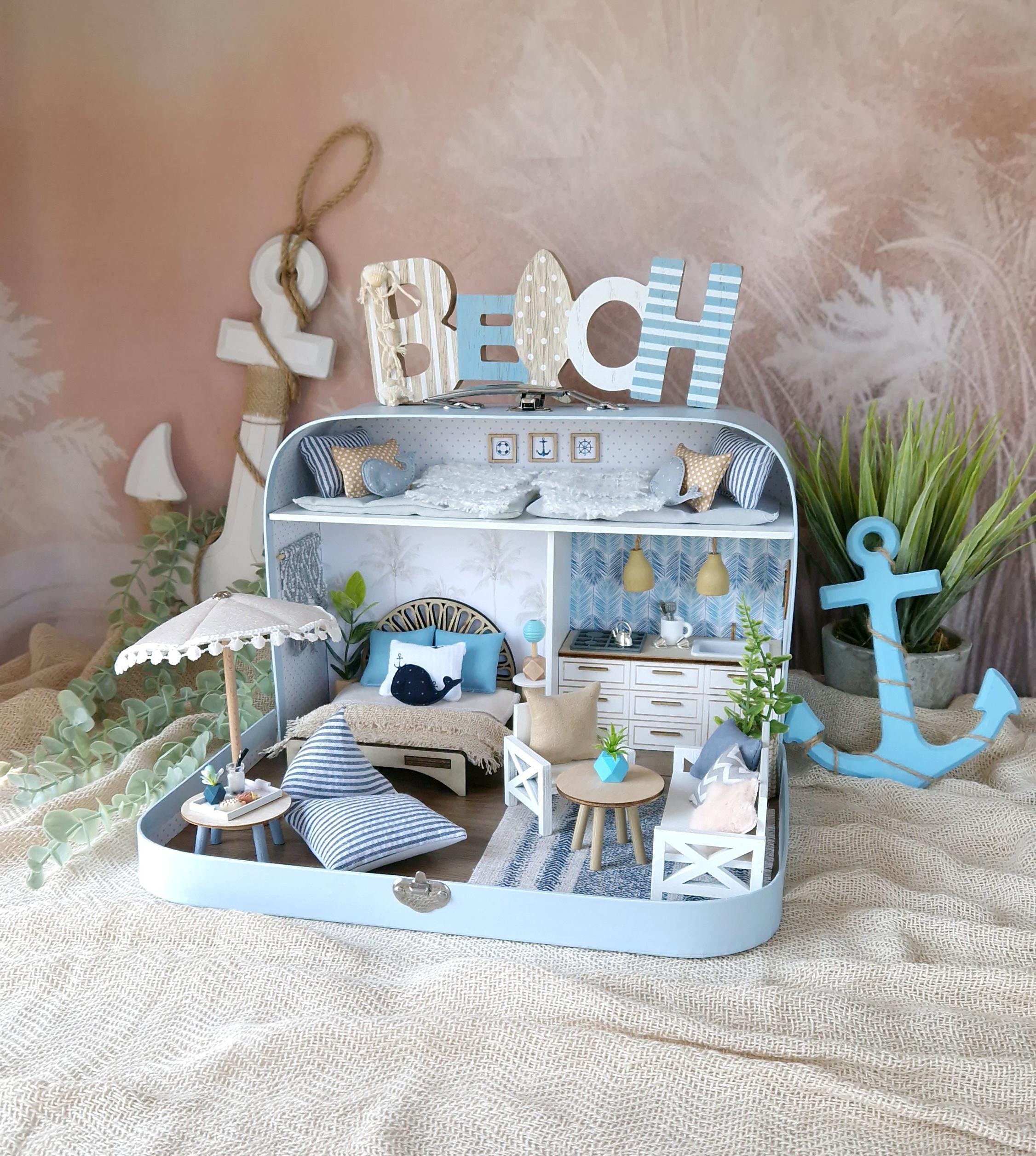 Coastal Large Dollhouse in a Suitcase, Miniature Furniture in 1:12