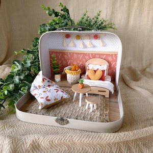 Small Dollhouse in a Suitcase , Cozy Pink, Dollhouse, Miniature furniture, 1:12 scale, Maileg mouse house