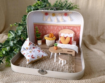 Small Dollhouse in a Suitcase , Cozy Pink, Dollhouse, Miniature furniture, 1:12 scale, Maileg mouse house