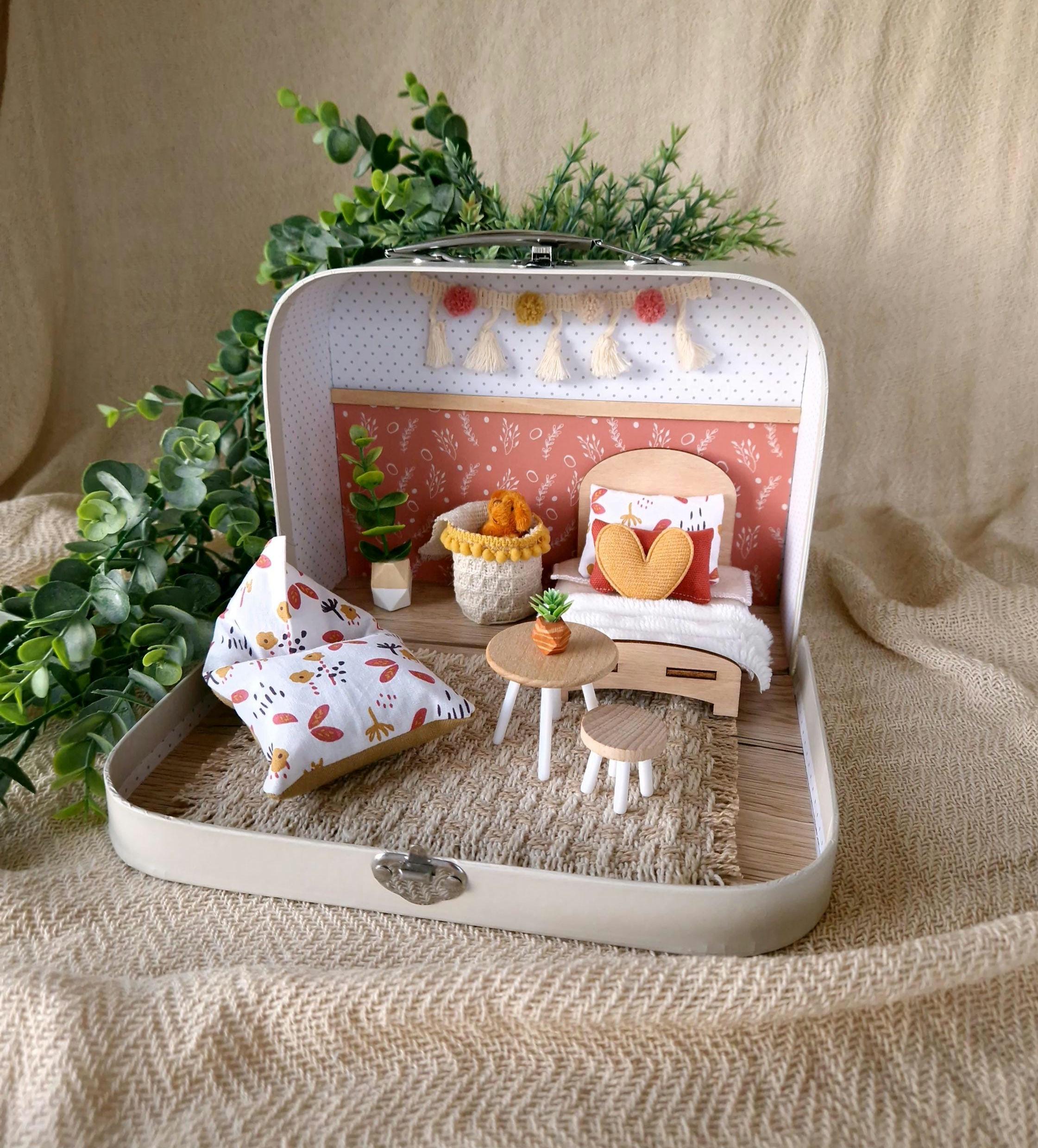 Small Dollhouse in a Suitcase , Cozy Pink, Dollhouse, Miniature