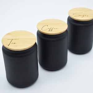 Tea Coffee Sugar Laser Engraved Jars Set with Sealed Bamboo Lids | Personalised | Container | Kitchen Storage | Kitchen Jars | Kitchen Caddy