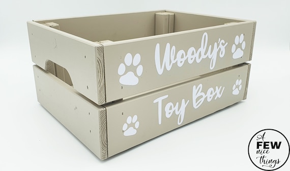 Personalised Dog Toy Box | Wooden | Crate | Storage | Hamper | Painted | Grey | Pine | Book | Gift | Holder | Rustic | Animal | Cat | Toys