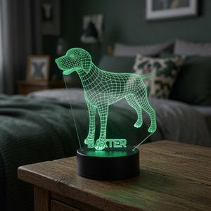 Könnte beinhalten: Eine leuchtende grüne LED-Lampe mit der Drahtgitter-Silhouette eines stehenden Hundes im Profil. Der Name BAXTER ist in Blockbuchstaben an der Basis der Hundefigur zu sehen. Die Lampe ist auf einem runden schwarzen Sockel mit Ein-Aus-Schalter montiert.