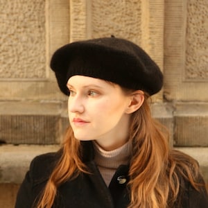 Black French Beret for classy women, Minimal Parisian style light hat knitted on needles, Elegant Funeral head piece for autumn and winter