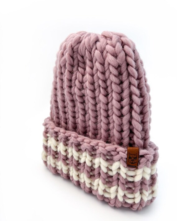 Handmade Chunky Alpaca Wool Knit Beanie in Dusty Mauve Ribbed Beanie, Cuffed Wool Beanie, Long Turn up Beanie  main image 3