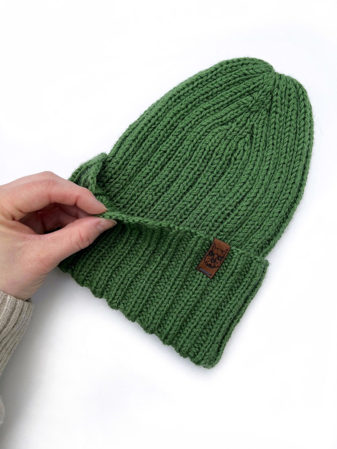 Classic Mens Winter Hat in Grass Green, Rib Fisherman Beanie for Man
