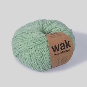 Op de afbeelding: Een bol lichtgroen wolgaren, met het label "Cloud Yarn 70% Merino 30% Nylon 1.75 oz/110 gr - 160 yds/150 m wak we are knitters"
