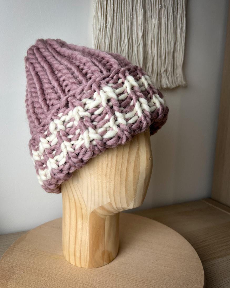 Handmade Chunky Alpaca Wool Knit Beanie in Dusty Mauve Ribbed Beanie, Cuffed Wool Beanie, Long Turn up Beanie  main image 2
