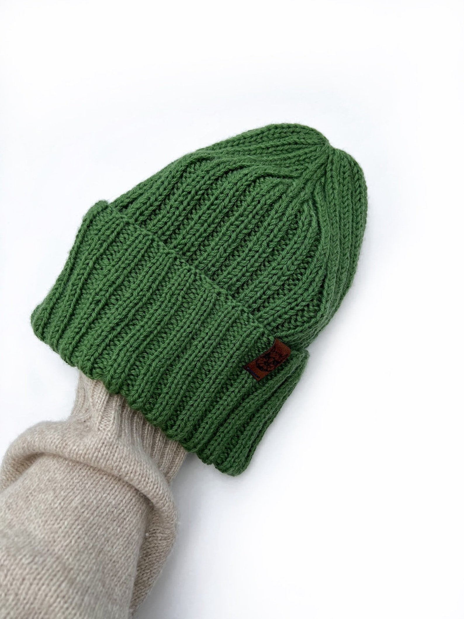 Classic Mens Winter Hat in Grass Green, Rib Fisherman Beanie for Man