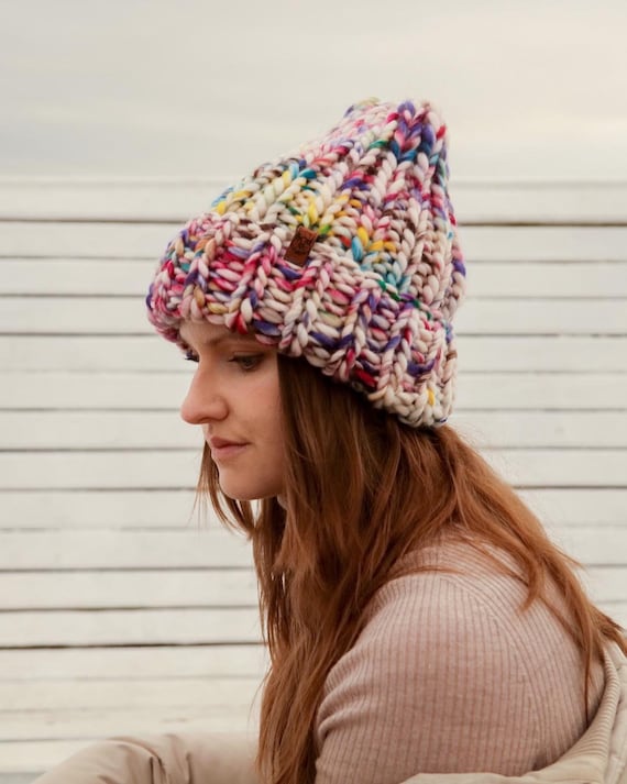 Big Colorful Wool Beanie, Soft Multicolor Winter Hat for Women