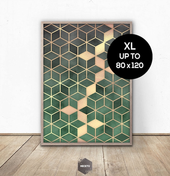 Gold Emerald Green Gradient Cube Art Print Abstract Wall Art Interior Decor Home Decor Bedroom Decor Digital Download Printable Poster