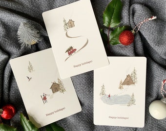 Juego de 3 tarjetas navideñas con sobres - lindas tarjetas con ilustraciones de invierno - tarjetas navideñas de diseño minimalista