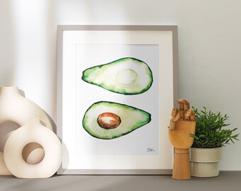 Art print watercolor avocado, avocado wall art, boho poster, watercolor fruit illustration, summer collection poster