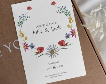 Colorful floral wildflower invitation Pressed watercolor flowers wedding invite Minimal wildflower floral save the date Template