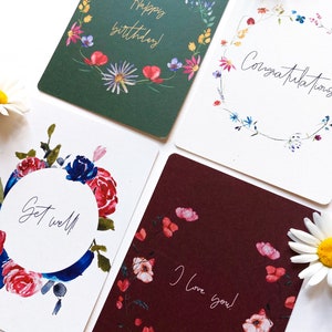Set van 4 aquarel bloemen ansichtkaarten met afgeronde hoeken, gedrukt op duurzaam papier, handgemaakte ansichtkaarten voor alle gelegenheden
