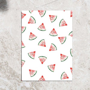 Sustainable watercolor illustrated postcards, jungle, summer fruit melon pattern