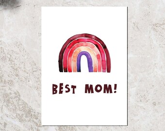 Mothersday card, Best Mom Card, Postcard Mother, Sustainable watercolor illustrated postcard, Rainbow Mail card Red and Purple