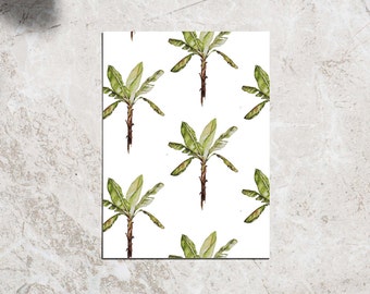 Sustainable watercolor illustrated postcards, jungle, bananatree, palm tree pattern illustration