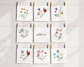 Set van 8 aquarel ansichtkaarten met wilde bloemen, gedrukt op duurzaam papier. milieuvriendelijke verpakking, handgemaakte ansichtkaart, moodboard