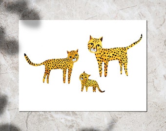 Sustainable watercolor illustrated postcard with cheetah, tiger, panther, summer colorful postcard, watercolor illustration