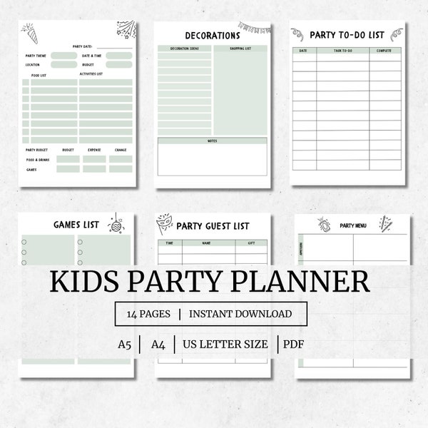 Kids Birthday Party Checklist Editable Planner 14 Pages, Kids Party Planner Printable, Birthday Planner, Event Planner, Instant Download PDF