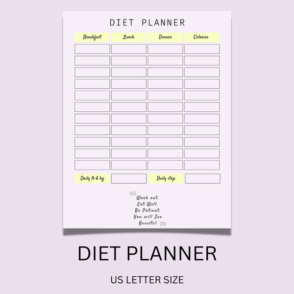 Meal Planner Printable, Weekly Food Diary, Meal Tracker, Food Journal, Menu Plan & Prep, BONUS Grocery List! Diet, Fitness, Health