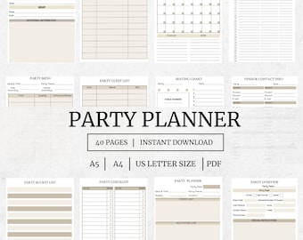 Planificador de fiestas de cumpleaños imprimible, 40 páginas (PDF de descarga instantánea)