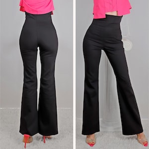 High waist boot-cut stretch pants, Left side zipper pants, No pockets pants, Boot-cut leg, Stretch high rise pants, Bonelli Fashion