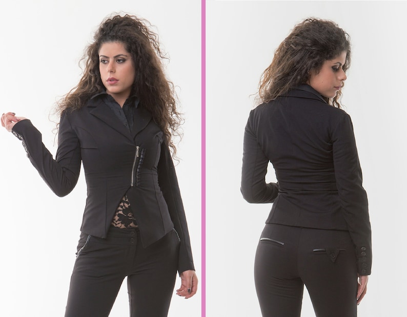 Notch lapel blazer Short zipper and lace blazer Five buttoned long sleeve blazer Asimetrical zipper black blazer Bonellilux