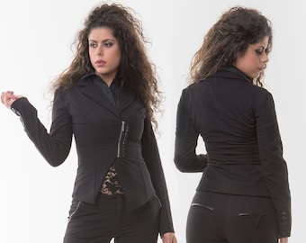 Asimetrical zipper black blazer, Notch lapel blazer, Five buttoned long sleeve blazer, Short zipper and lace blazer, Bonellilux