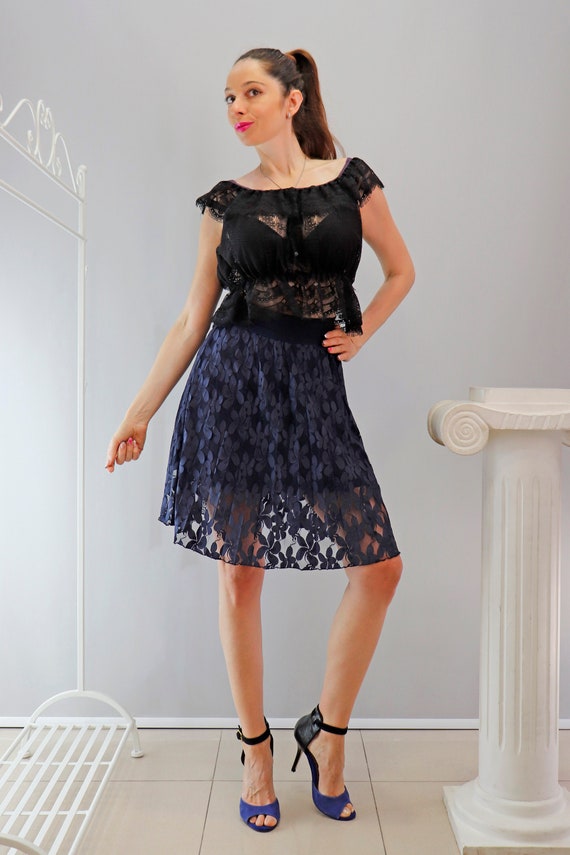 Soley pleated skirt Lace skirt Blue dark skirt lastic band lace skirt Gentle lace skirt Bonelli Lux