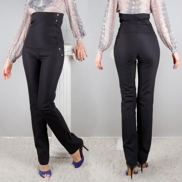 High waist trousers, Stretch high rise pants, Corset type pants just below the bust, Left side buttoned pants, Faux pockets, Bonelli Fashion