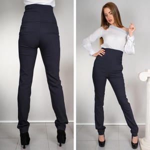 High waist trousers, Stretch pants, Left side bottoned pants, Corset type pants, Back faux welt pockets pants, Italian pockets, BonelliLux