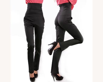 High waist trousers, Cotton gloss effect pants , 4-buttoned high rise trousers, High corset type pants, Italian pockets, BonelliLux