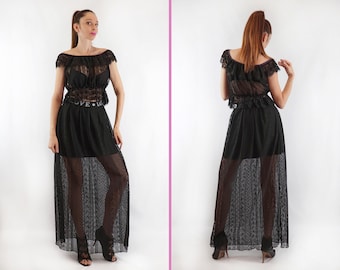 Long lace skirt, Black lace skirt, Elastic band skirt, Ruffled skirt, Pleated skirt, Bonelli Lux