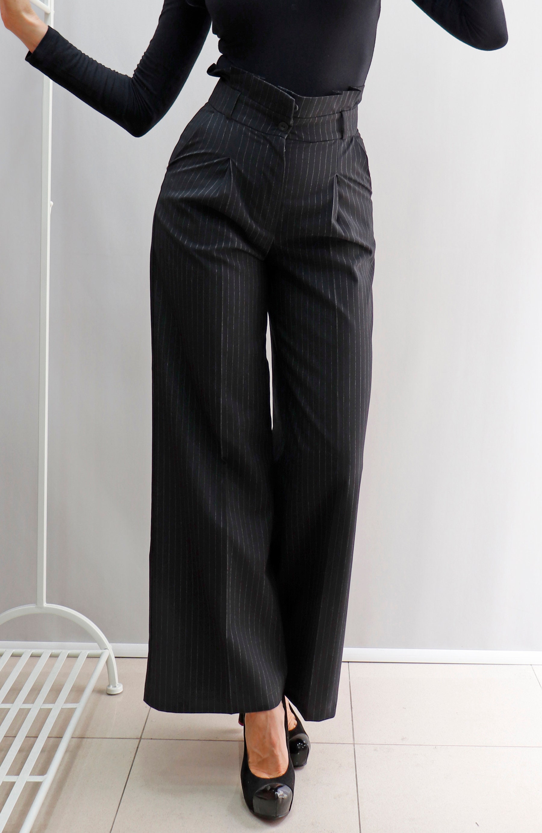 パンツ CTHY HIGH-END FLANNELANA WOOL WIDESLACKS OYOANGLE Women's Straight Wide Leg Trousers Striped Print