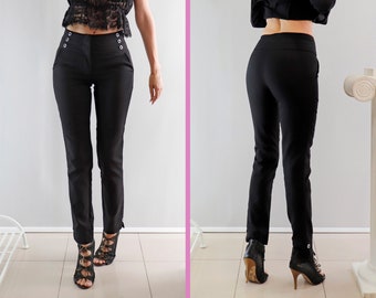 Pantalon stretch taille haute, Pantalon ceinture 3 niveaux, Pantalon streth noir, Pantalon ceinture boutonnée, Bonelli Lux