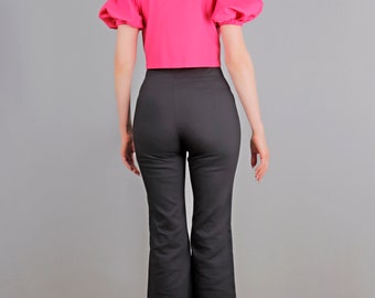 High Waist Boot-cut Stretch Pants, Left Side Zipper Pants