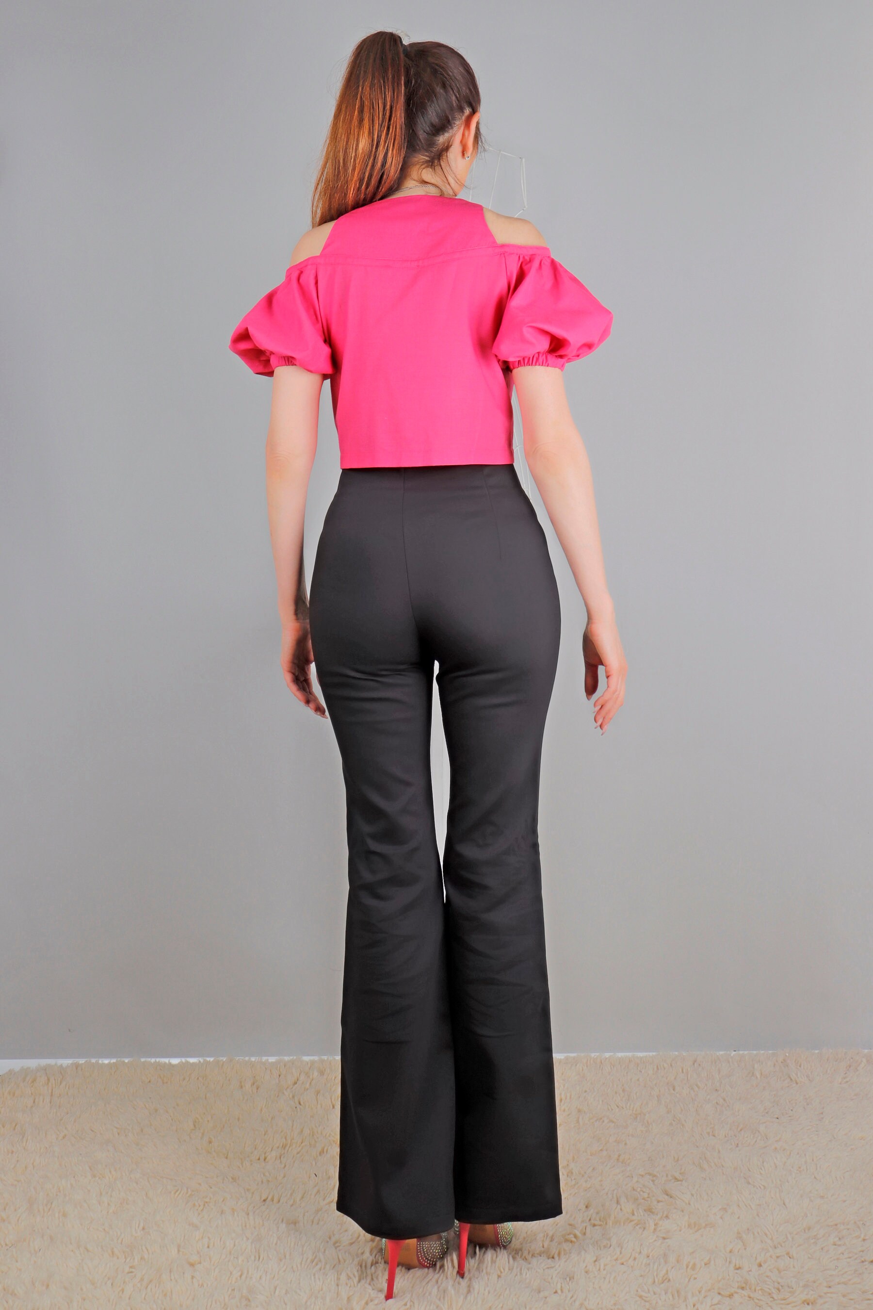 High Waist Boot-cut Stretch Pants, Left Side Zipper Pants
