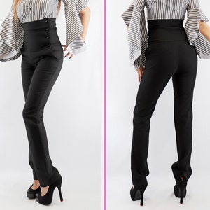 Stretch high waist trousers, Corset type pants just below the bust, Left side buttoned pants, Italian pockets, BonelliLux