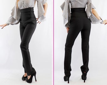 Stretch high waist trousers, Corset type pants just below the bust, Left side buttoned pants, Italian pockets, BonelliLux