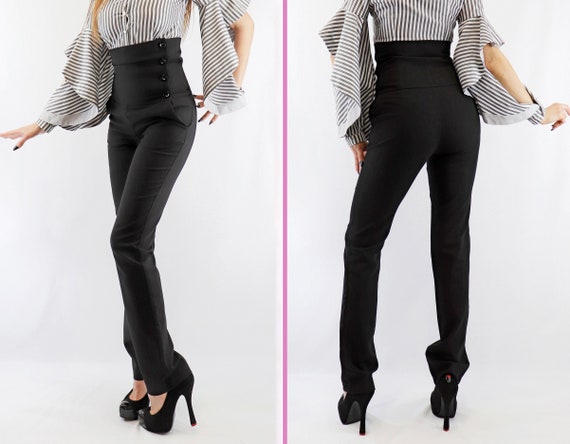Stretch High Waist Trousers, Corset Type Pants Just Below the Bust, Left  Side Buttoned Pants, Italian Pockets, Bonellilux 